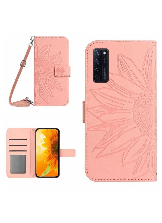 HuHa Case Cover For ZTE Axon 20 4G/20 5G Skin Feel Sun Flower Pattern Flip Leather Phone Case with Lanyard Pink 