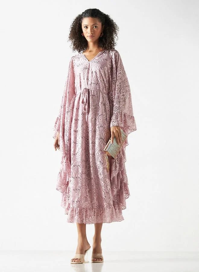 Iconic Iconic All-Over Embellished Kaftan Dress with Tie-Up Belt