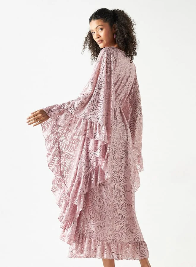 Iconic Iconic All-Over Embellished Kaftan Dress with Tie-Up Belt