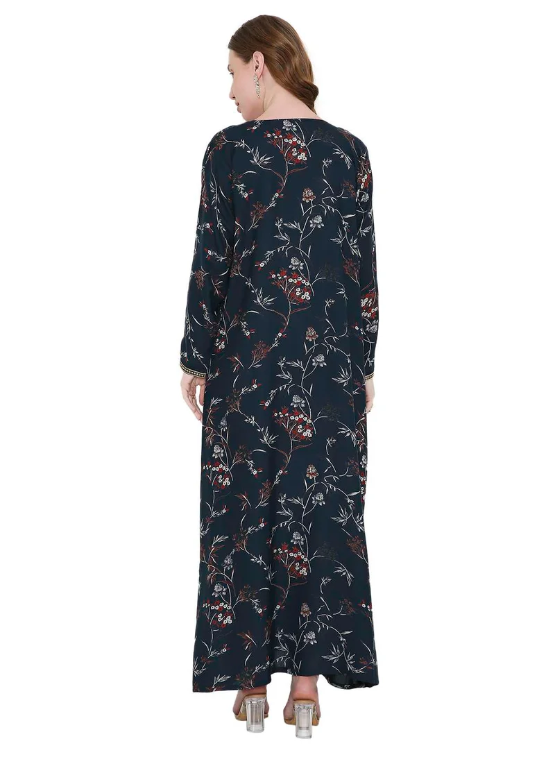 HANA & SARA ARABIC KAFTAN JALABIYA DRESS WITH FLORAL PRINTING AND THREAD EMBROIDERY AT THE NECK