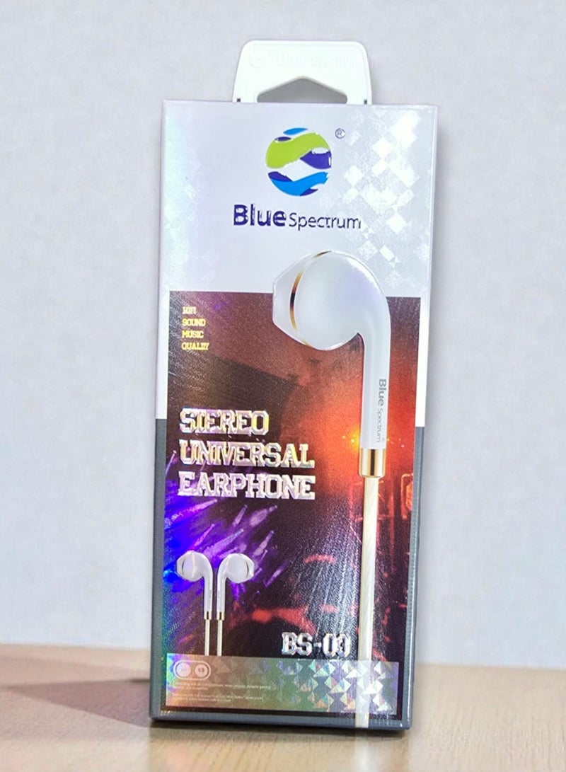 Blue Spectrum BS-03 Wired In-Ear Headphones with 3.5mm Jack, Universal Earbuds with Clear Sound - White - Image 1