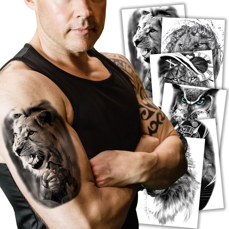 Kotbs 6 Sheets 3D Animal Temporary Tattoos for Women Men Waterproof Fake Realistic Tatoos Cool Wolf Tiger Lion Pattern Black Tattoo Stickers for Kids Teens Adults DIY