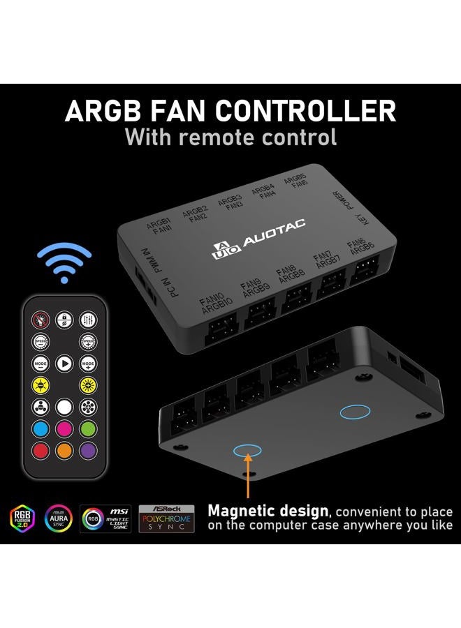 Auotac ARGB Controller PWM Fan Hub with RF Remote, (Connect Ten Case Fans, 5V 3Pin ARGB & 12V 4Pin PWM Fan Connector, Dual SATA Power Input, Magnetic Suction), Black - Image 5