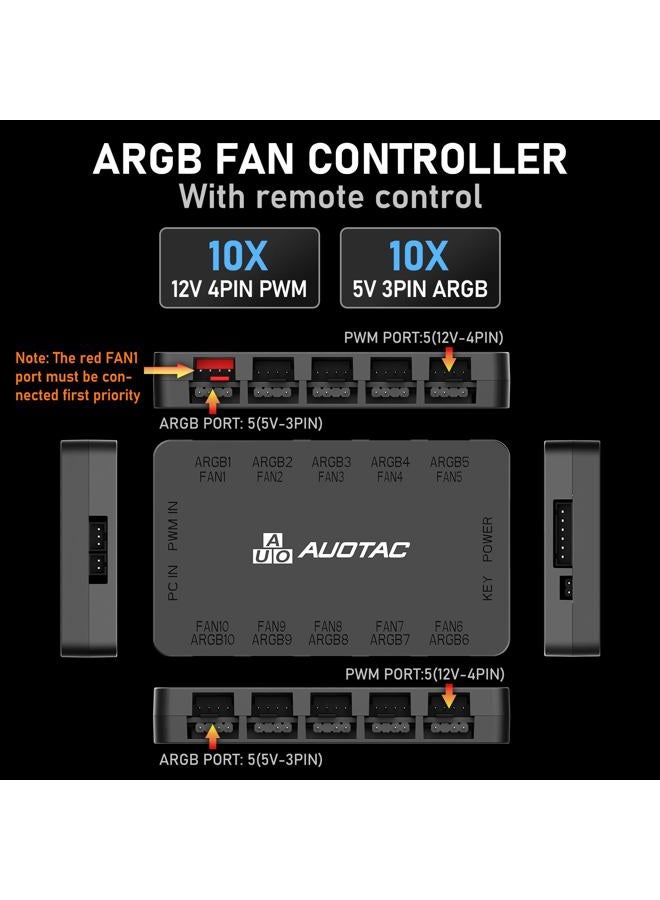 Auotac ARGB Controller PWM Fan Hub with RF Remote, (Connect Ten Case Fans, 5V 3Pin ARGB & 12V 4Pin PWM Fan Connector, Dual SATA Power Input, Magnetic Suction), Black - Image 3