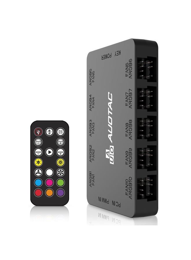 Auotac ARGB Controller PWM Fan Hub with RF Remote, (Connect Ten Case Fans, 5V 3Pin ARGB & 12V 4Pin PWM Fan Connector, Dual SATA Power Input, Magnetic Suction), Black - Image 1