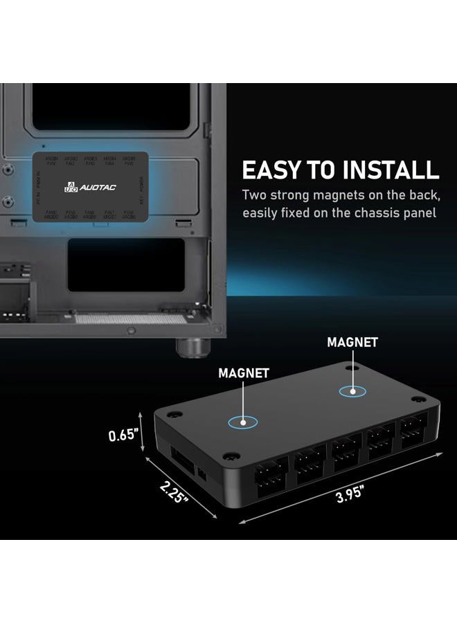 Auotac ARGB Controller PWM Fan Hub with RF Remote, (Connect Ten Case Fans, 5V 3Pin ARGB & 12V 4Pin PWM Fan Connector, Dual SATA Power Input, Magnetic Suction), Black - Image 4