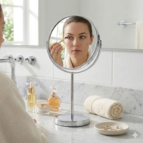 EASY2HOME Makeup Mirror Steel Heavy Double Sided Round Tabletop Vanity Mirror with Stand in One Side Magnifying,Diameter 6 inch, Silver - Image 2