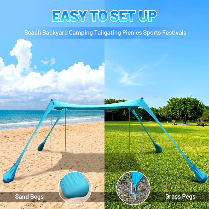 BOTINDO Family Beach Tent Canopy Sun Shade, Pop Up Grande Beach Tent Sun Shelter Stability 4 Poles with Portable Carry Bag Outdoor Shade for Fishing Backyard Camping (Turquoise, 10x10FT 4Pole) - Image 4