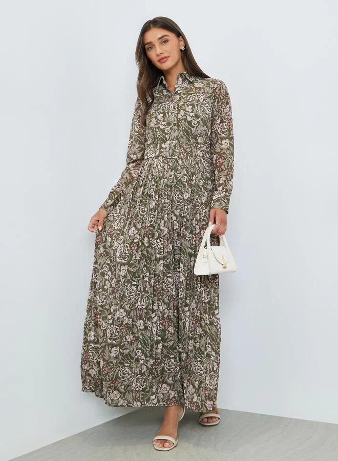 Green Pleated Maxi Dress with Belt