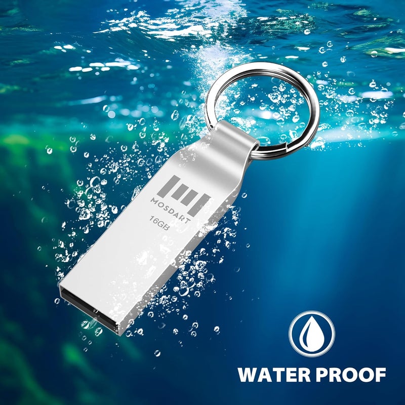 موس دارت محرك أقراص فلاش مقاوم للماء بسعة 16 جيجابايت USB 2.0، عصا ذاكرة معدنية FAT32 مع سلسلة مفاتيح، للنسخ الاحتياطي للنظام وتخزين البيانات، فضي - Image 4