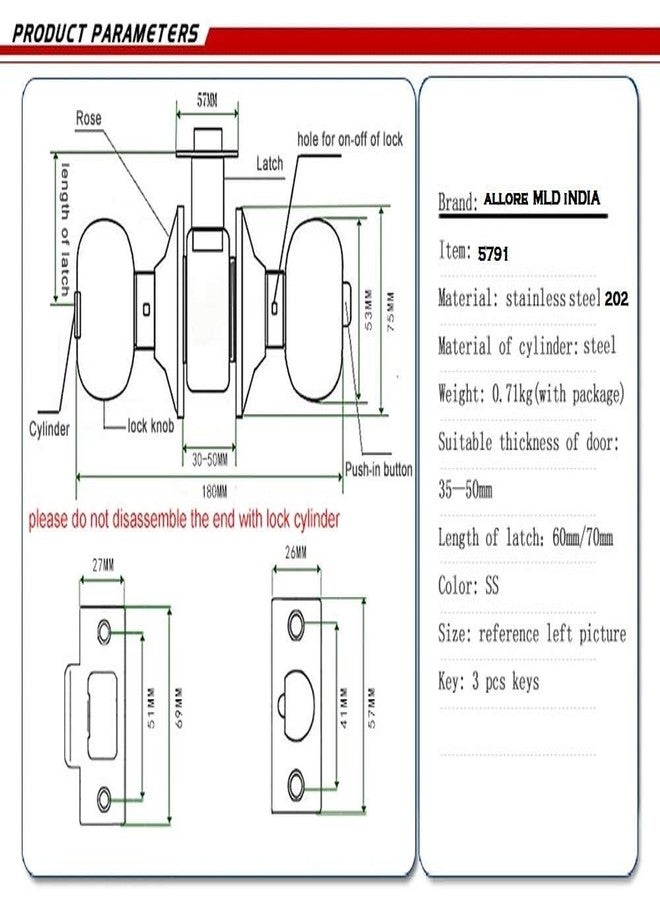 MLD STA010 Cylindrical Lock with Key/Tubular Lock Set Door Lock for Bathroom (Stainless Steel 202,Colour- Silver Matte) Pack of -1 - Image 2