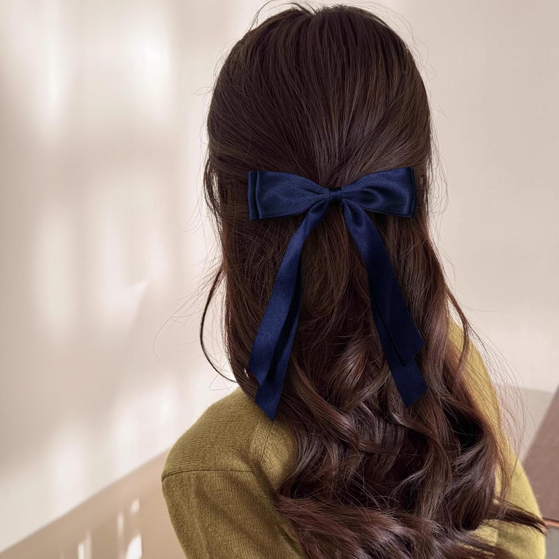 Miroksh 5.5in Navy Blue Big Hair Bows Clips for Women Solid Satin Ribbon Ponytail Hair Barrettes Alligator Hairpins with Long Tail Dress Decor Accessories for Toddler Teen Girls Kids - Image 4
