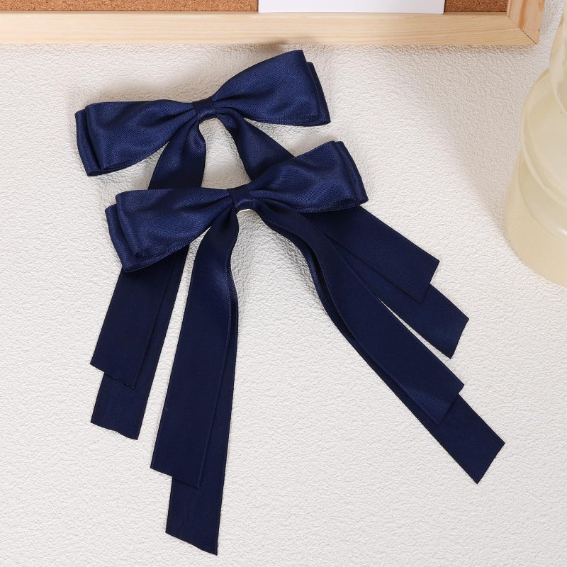 Miroksh 5.5in Navy Blue Big Hair Bows Clips for Women Solid Satin Ribbon Ponytail Hair Barrettes Alligator Hairpins with Long Tail Dress Decor Accessories for Toddler Teen Girls Kids - Image 2