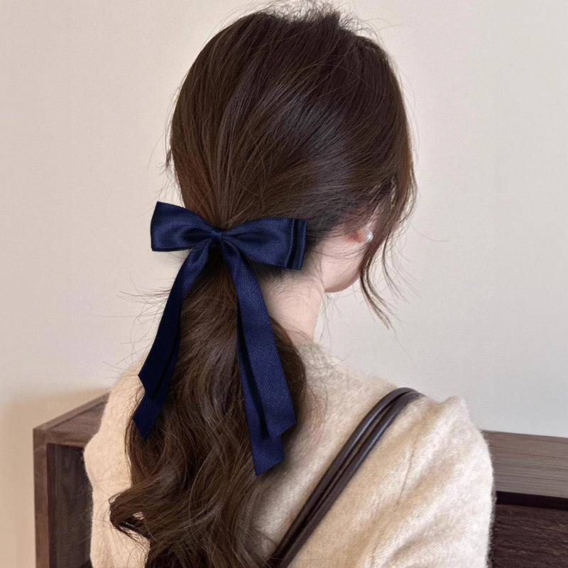 Miroksh 5.5in Navy Blue Big Hair Bows Clips for Women Solid Satin Ribbon Ponytail Hair Barrettes Alligator Hairpins with Long Tail Dress Decor Accessories for Toddler Teen Girls Kids - Image 3
