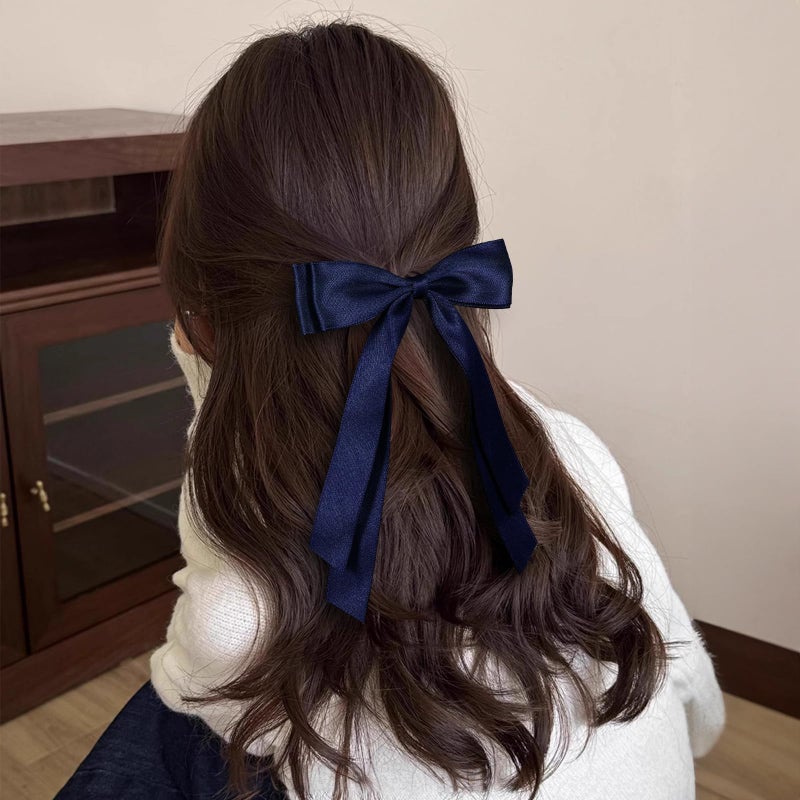 Miroksh 5.5in Navy Blue Big Hair Bows Clips for Women Solid Satin Ribbon Ponytail Hair Barrettes Alligator Hairpins with Long Tail Dress Decor Accessories for Toddler Teen Girls Kids - Image 5