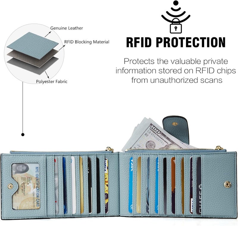 بوستانتن محافظ جلدية للنساء مانعة لتقنية RFID رفيعة ثنائية الطية مع حامل بطاقات وجيب بسحاب بلون أزرق - Image 4