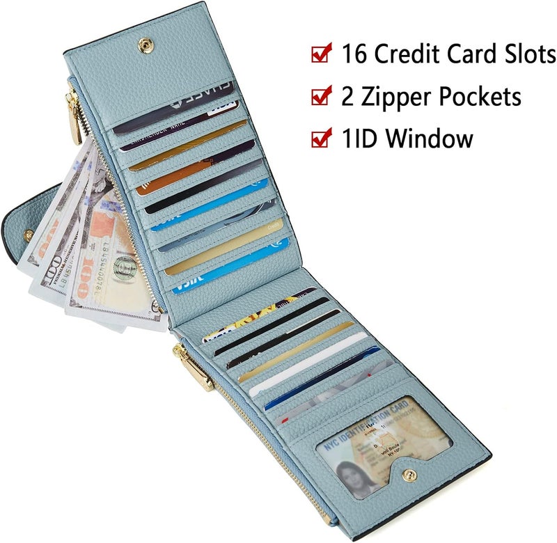 بوستانتن محافظ جلدية للنساء مانعة لتقنية RFID رفيعة ثنائية الطية مع حامل بطاقات وجيب بسحاب بلون أزرق - Image 3