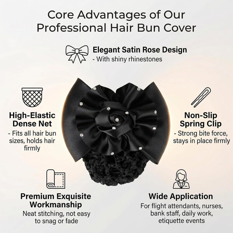 SYBL Women's Rhinestone Satin Bow Hair Accessory - Barrette, Bowknot Snood, and Net Hair Clip for Hotel, Airline, and Medical Professionals (Black) - Image 3