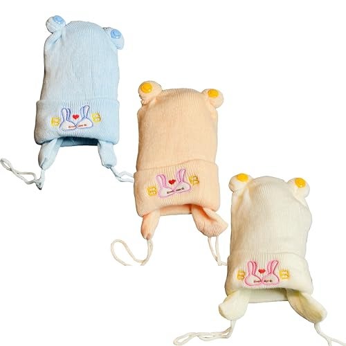 Infantbond Unisex Baby Cotton New Born Baby Super Warm Winter Wollen Cap (Pack of 3)(0-4 Months) Colours and Designs May Vary., Blue - Image 1