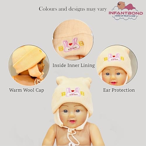 Infantbond Unisex Baby Cotton New Born Baby Super Warm Winter Wollen Cap (Pack of 3)(0-4 Months) Colours and Designs May Vary., Blue - Image 3