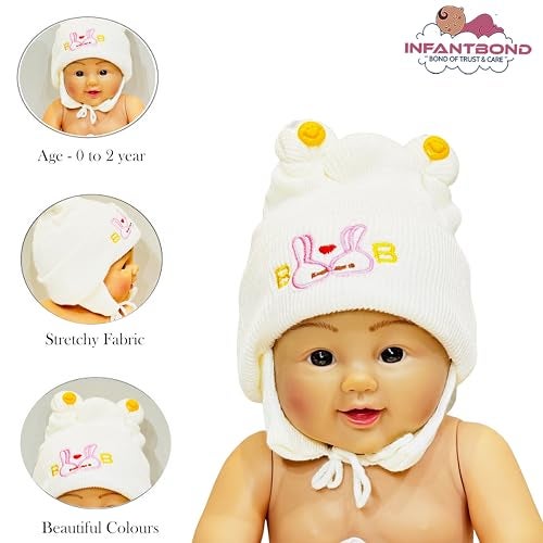 Infantbond Unisex Baby Cotton New Born Baby Super Warm Winter Wollen Cap (Pack of 3)(0-4 Months) Colours and Designs May Vary., Blue - Image 2