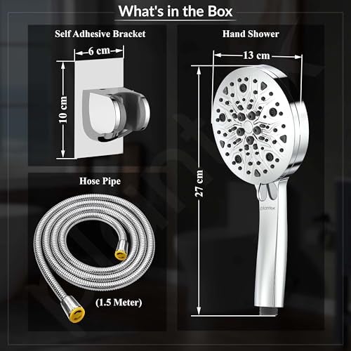 Plantex Abs Hand Shower For Bathroom/5 Inch Round Multi-Function 8 Mode Shower Hand/Hand Shower Set With 1.5 Meter Flexible Tube Pipe With Self Adhesive Bracket - (Chrome) - Image 3