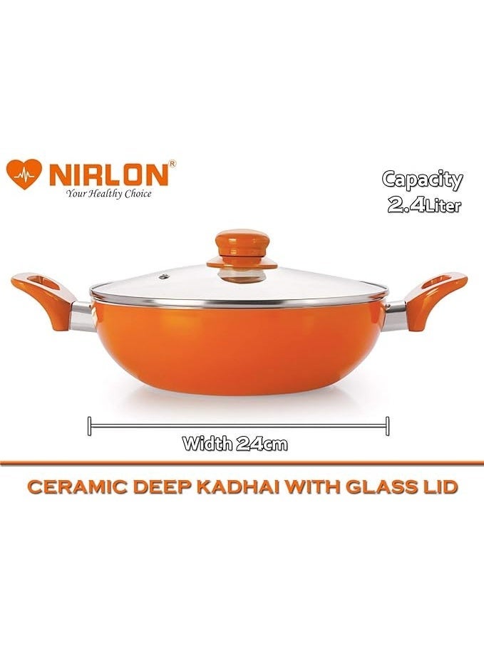 Nirlon Non-Stick Aluminium Cookware Set with Ceramic Coating, 3-Pieces, Orange Dosa Tawa 26cm | Deep Kadai 2.4 Liter With Lid | Deep Kadai 3 Liter With Lid - Image 3