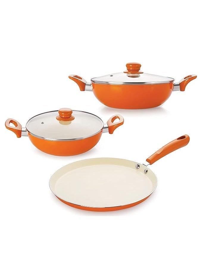 Nirlon Non-Stick Aluminium Cookware Set with Ceramic Coating, 3-Pieces, Orange Dosa Tawa 26cm | Deep Kadai 2.4 Liter With Lid | Deep Kadai 3 Liter With Lid - Image 1