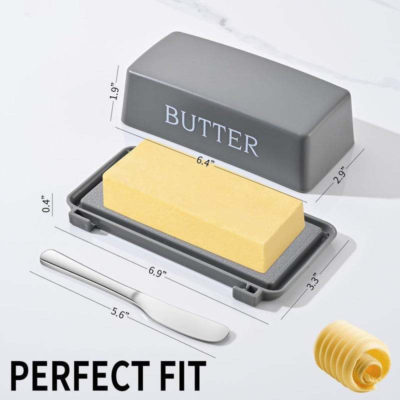 Dehov Butter Holder With Cover And Knife,Food Grade Plastic Butter Dishes With Lid And Spreader,Grey Cheese Storage Container For Countertop - Image 2
