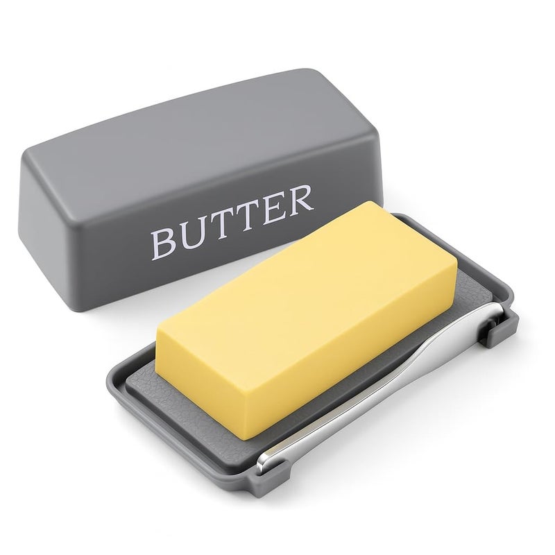 Dehov Butter Holder With Cover And Knife,Food Grade Plastic Butter Dishes With Lid And Spreader,Grey Cheese Storage Container For Countertop - Image 1