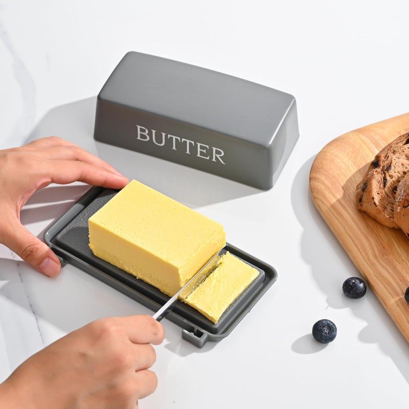 Dehov Butter Holder With Cover And Knife,Food Grade Plastic Butter Dishes With Lid And Spreader,Grey Cheese Storage Container For Countertop - Image 5