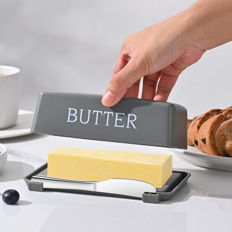 Dehov Butter Holder With Cover And Knife,Food Grade Plastic Butter Dishes With Lid And Spreader,Grey Cheese Storage Container For Countertop - Image 4
