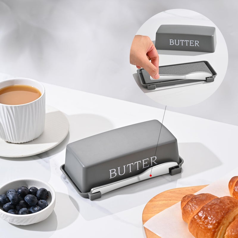Dehov Butter Holder With Cover And Knife,Food Grade Plastic Butter Dishes With Lid And Spreader,Grey Cheese Storage Container For Countertop - Image 3