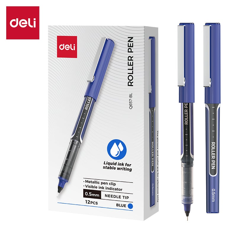 Deli EQ657-BL Roller Pen, Needle Tip 0.5mm, Blue Ink, Blue - Image 1