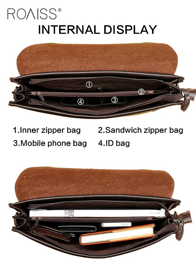 roaiss Business PU Leather Shoulder Bag for Men 7 Pockets Clamshell Adjustable Strap Waterproof Large Capacity Crossbody Bag Mens Classic Commuting Premium Textures Backpack  - Image 3