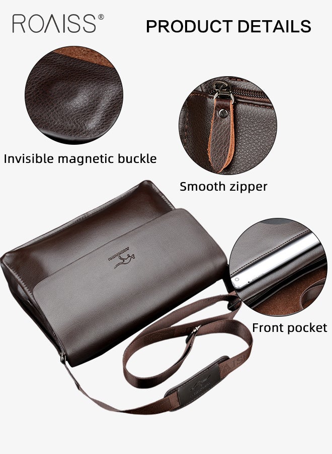 roaiss Business PU Leather Shoulder Bag for Men 7 Pockets Clamshell Adjustable Strap Waterproof Large Capacity Crossbody Bag Mens Classic Commuting Premium Textures Backpack  - Image 4