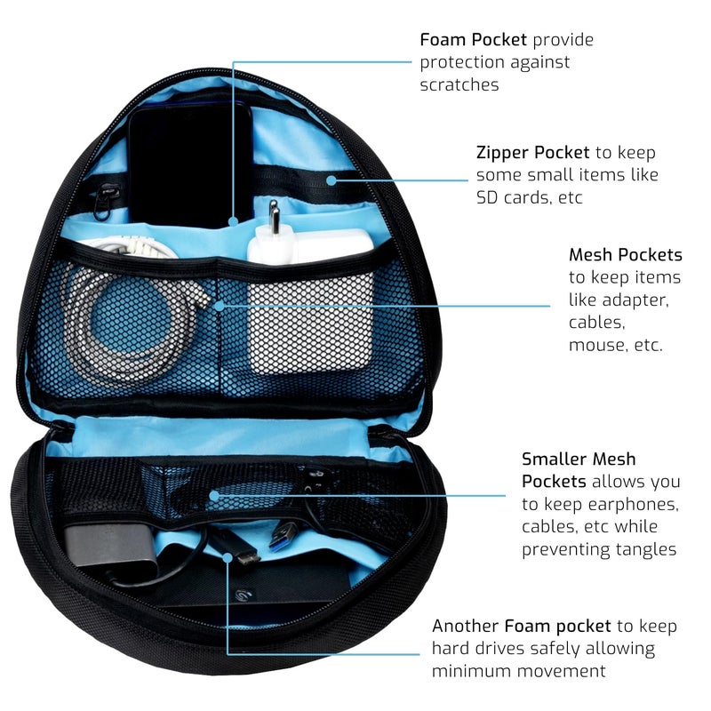 TRAVALATE Polyester Tech Organizer Pouch | Tech Organizer Pouch for Cables, Adapters, Chargers, Hard Drives, Pen Drives and Tech Products | Durable Zippered Gadgets Organizer Black - Image 5