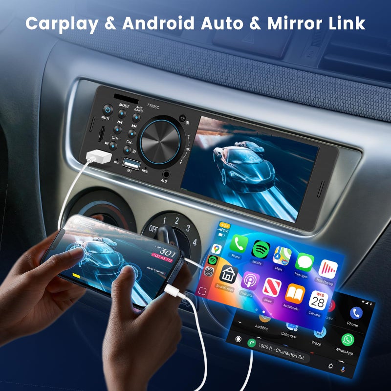 Driauto Single Din Car Stereo with CarPlay Android Auto, Touch Screen Car Audio Receiver with Bluetooth 1 Din, Driauto 4 Inch Car Radio MP5 Player Support FM Mirror Link USB/TF/AUX/SWC, Backup Camera - Image 2