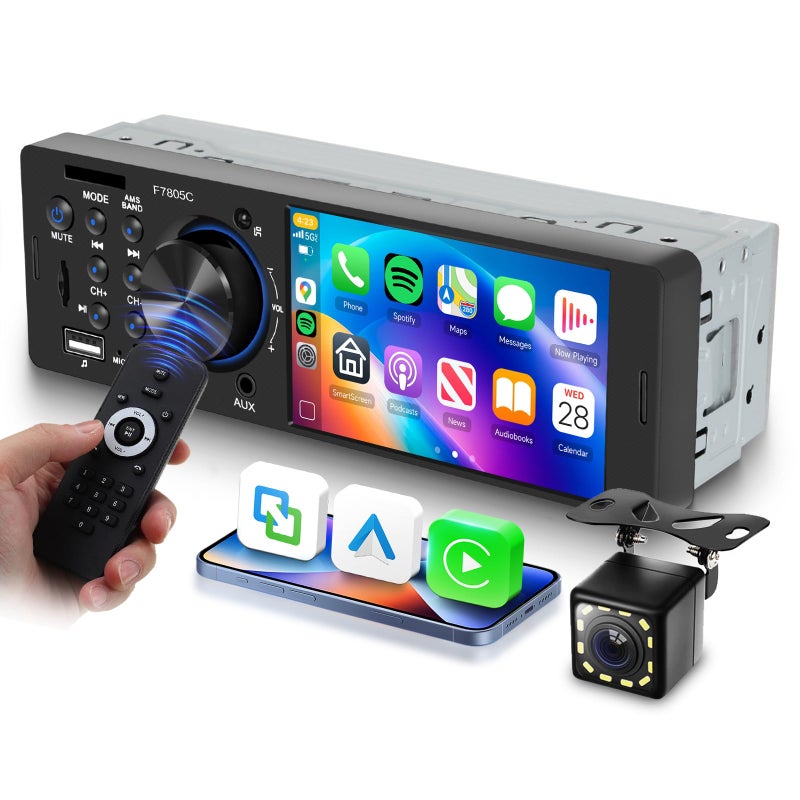 Driauto Single Din Car Stereo with CarPlay Android Auto, Touch Screen Car Audio Receiver with Bluetooth 1 Din, Driauto 4 Inch Car Radio MP5 Player Support FM Mirror Link USB/TF/AUX/SWC, Backup Camera - Image 1