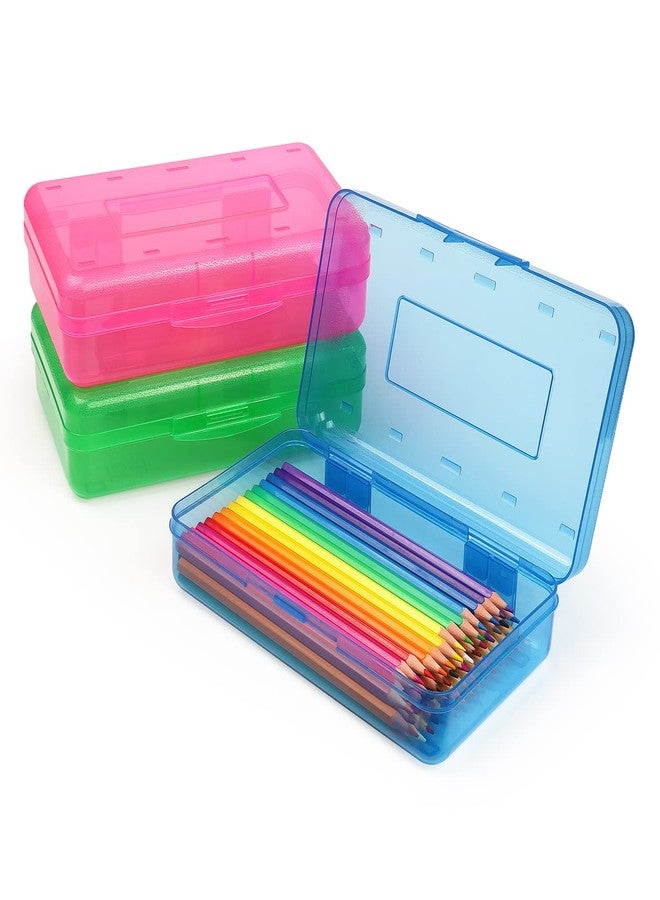 Tamaki 3 Pack Plastic Pencil Box Large Capacity Pencil Boxes Clear Boxes with Snap-tight Lid Stackable Design and Stylish Office Supplies Storage Organizer Box, Blue, Green, Pink - Image 1