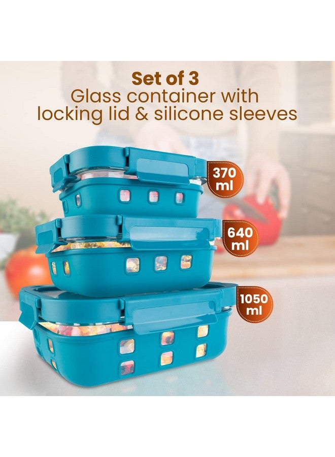 AGARO Imperial Glass Containers With Silicone Sleeves & With Lock Lid, 3 pcs Set, Borosilicate Glass, Rectangle Shape, Transparent, Microwave and Refrigerator Safe, 370ml, 640ml, 1050ml, Cyan - Image 2