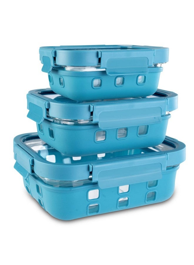 AGARO Imperial Glass Containers With Silicone Sleeves & With Lock Lid, 3 pcs Set, Borosilicate Glass, Rectangle Shape, Transparent, Microwave and Refrigerator Safe, 370ml, 640ml, 1050ml, Cyan - Image 1