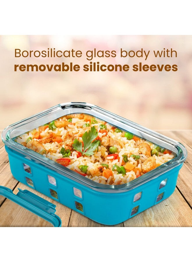 AGARO Imperial Glass Containers With Silicone Sleeves & With Lock Lid, 3 pcs Set, Borosilicate Glass, Rectangle Shape, Transparent, Microwave and Refrigerator Safe, 370ml, 640ml, 1050ml, Cyan - Image 3