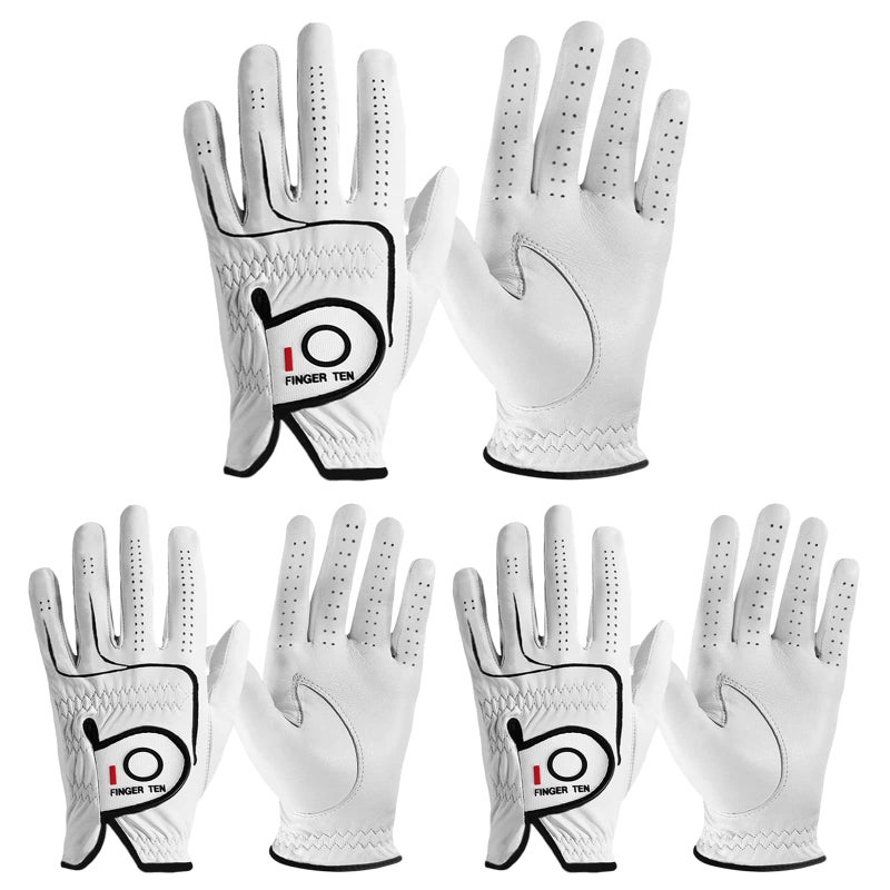 FINGER TEN FINGER TEN Golf Gloves Men Right Handed Left Golfer Cabretta Leather Value 3 Pack, Men's Glove Soft Grip Cadet Size Small Medium Large XL XXL (Natural White, Cadet Large, Left) - Image 1