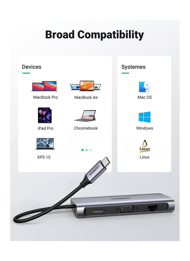 UGREEN USB C Hub 10 in 1 Type C Hub with Ethernet,4K USB C to HDMI,VGA,PD Power Delivery,3 USB 3.0 Ports,USB C to 3.5mm,SD/TF Cards Reader Compatible for MacBook Pro/Air,iPad Pro 2021 and USB C Device