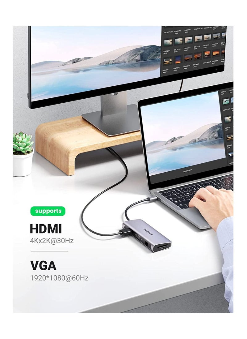UGREEN USB C Hub 10 in 1 Type C Hub with Ethernet,4K USB C to HDMI,VGA,PD Power Delivery,3 USB 3.0 Ports,USB C to 3.5mm,SD/TF Cards Reader Compatible for MacBook Pro/Air,iPad Pro 2021 and USB C Device