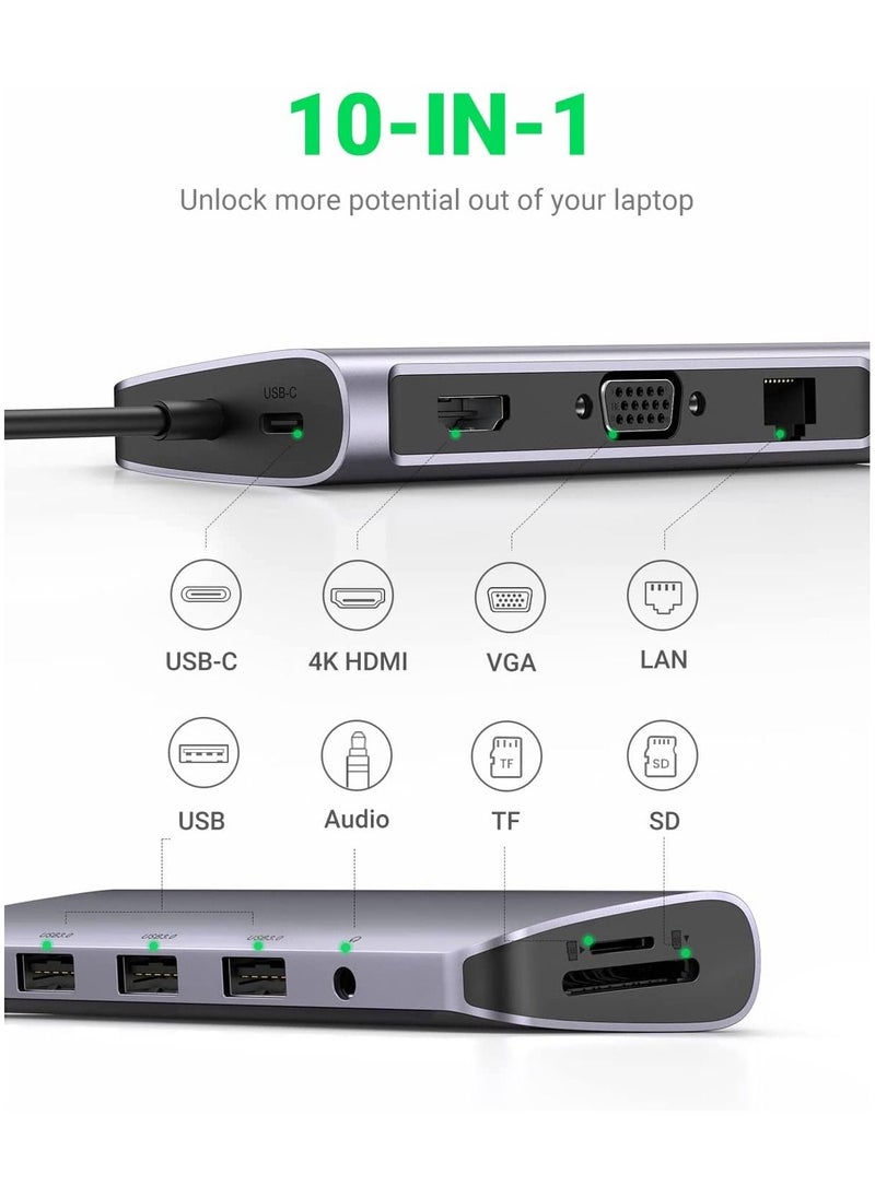 UGREEN USB C Hub 10 in 1 Type C Hub with Ethernet,4K USB C to HDMI,VGA,PD Power Delivery,3 USB 3.0 Ports,USB C to 3.5mm,SD/TF Cards Reader Compatible for MacBook Pro/Air,iPad Pro 2021 and USB C Device