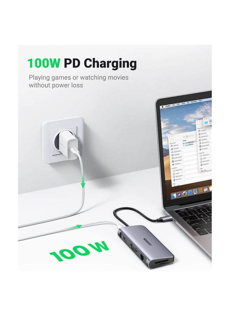 UGREEN USB C Hub 10 in 1 Type C Hub with Ethernet,4K USB C to HDMI,VGA,PD Power Delivery,3 USB 3.0 Ports,USB C to 3.5mm,SD/TF Cards Reader Compatible for MacBook Pro/Air,iPad Pro 2021 and USB C Device