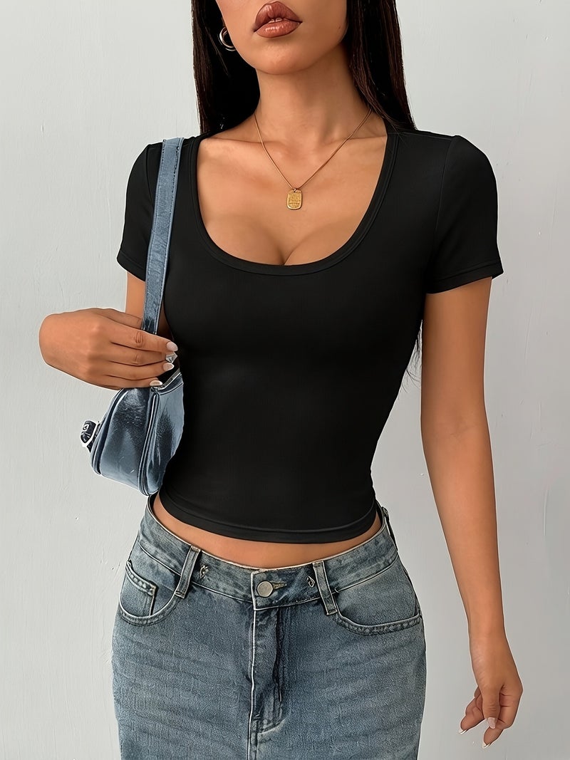 Spring\u002FSummer Women's Slim - Fit Solid Color Round Neck Short Sleeve Top, Body - hugging Base Layer, Fashionable Simple and Versatile Top, Suitable for All Seasons, Comfortable... - Image 5