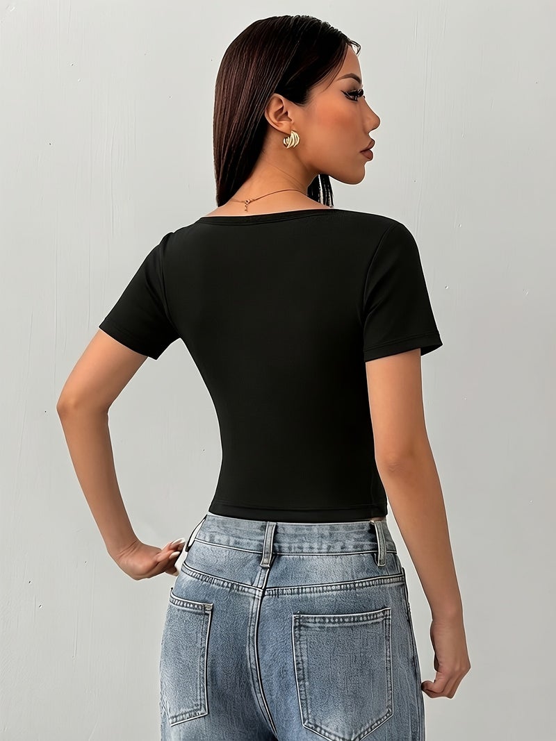 Spring\u002FSummer Women's Slim - Fit Solid Color Round Neck Short Sleeve Top, Body - hugging Base Layer, Fashionable Simple and Versatile Top, Suitable for All Seasons, Comfortable... - Image 4